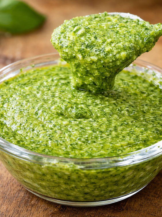 Fresh basil pesto with Parmesan and pine nuts being lifted from a glass bowl on a spoon