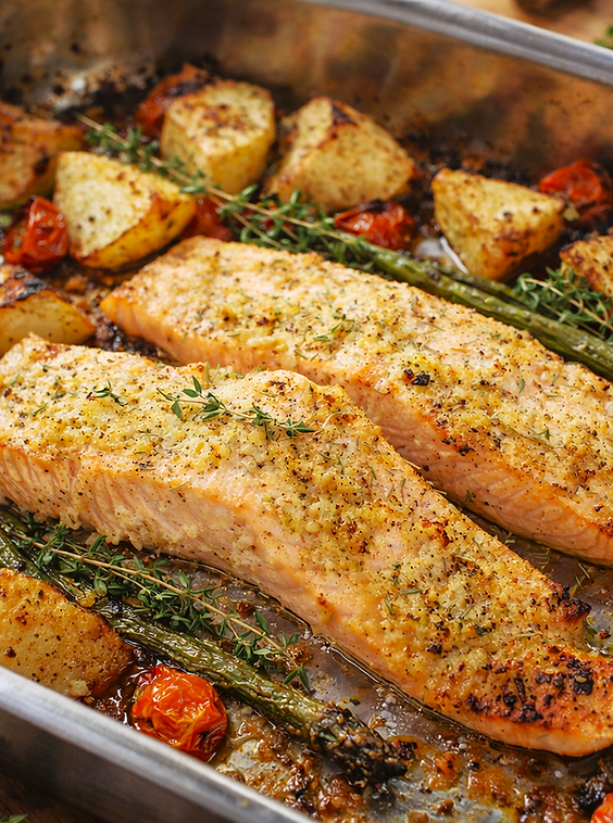 Lemon butter salmon fillets roasted on a tray with potatoes, cherry tomatoes and fresh herbs