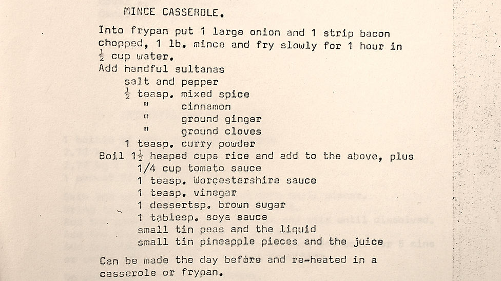 Original 1979 Ward 9 cookbook page for Mince Casserole.