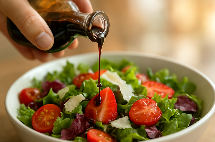 A close-up, high-resolution shot of a woman's hand gently drizzling dark, glossy traditional balsamic vinegar over a vibrant salad composed of fresh mixed greens, cherry tomatoes, sliced strawberries, and shaved Parmesan. The background is softly blurred with warm, natural light enhancing the gloss of the vinegar and the freshness of the ingredients. The image has a bright, fresh, and appetizing feel typical of gourmet food photography.