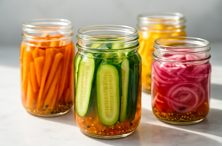 A bright benchtop scene showing several clear glass jars filled with homemade pickled vegetables (cucumbers, carrots, onions) soaking in a vibrant brine. The lighting is crisp and natural, highlighting the clarity of the brine and freshness of the produce, evoking a gourmet food photography feel.