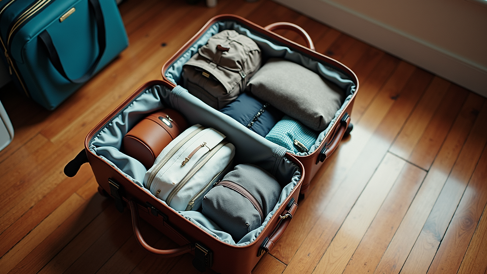 High angle view of a traveler’s suitcase packed with essentials ready for a trip