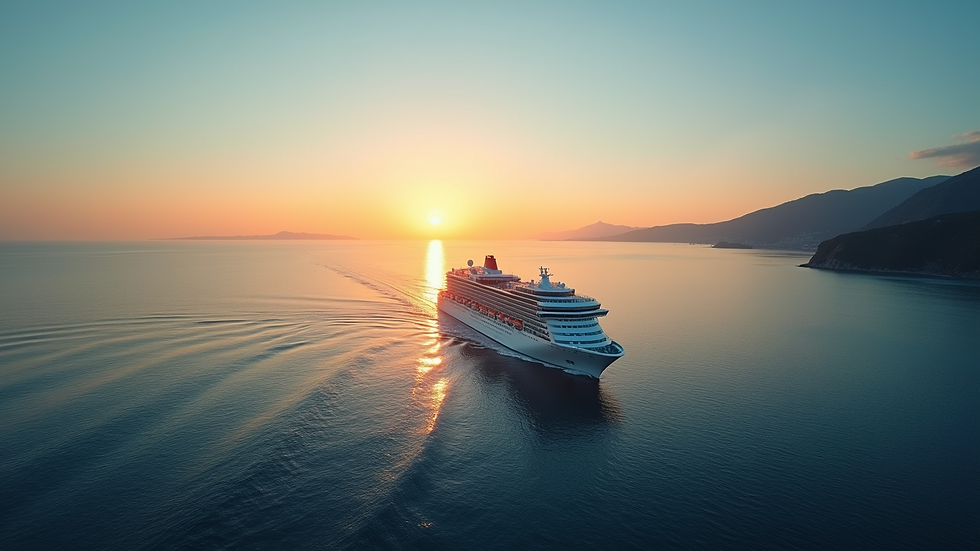 Wide angle view of a cruise ship sailing on calm blue waters at sunset
