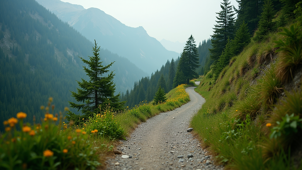 Eye-level view of a winding mountain trail surrounded by lush greenery