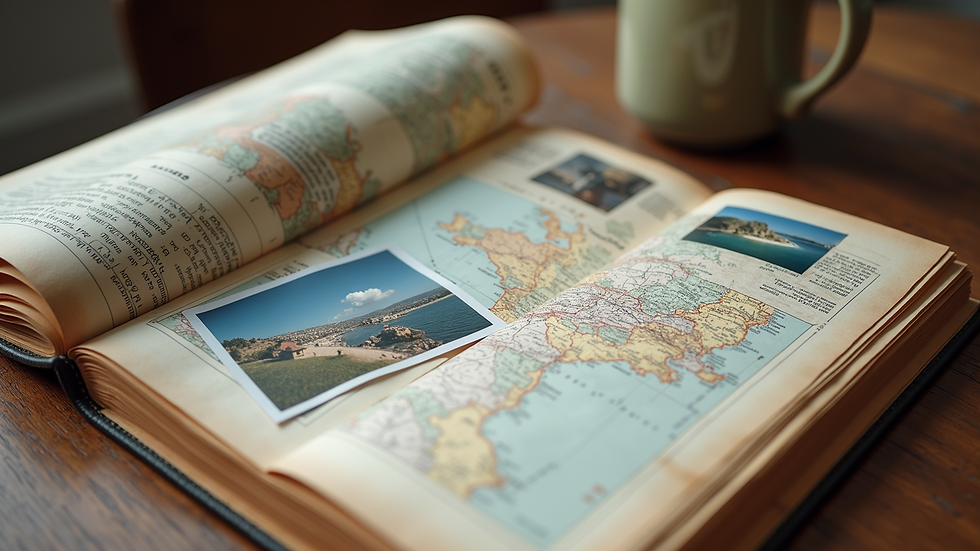 High angle view of a beautifully arranged travel itinerary with notes and photos