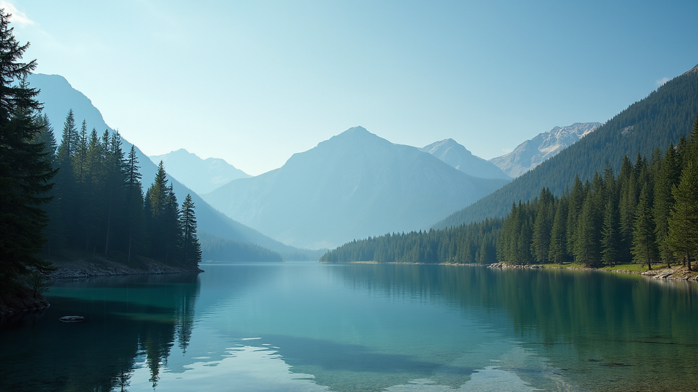 Wide angle view of a serene mountain lake surrounded by pine trees and clear blue sky