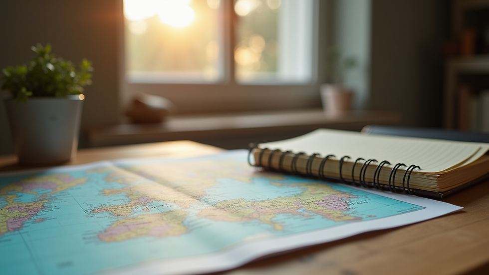 Eye-level view of a cozy travel planner’s desk with maps and a notebook