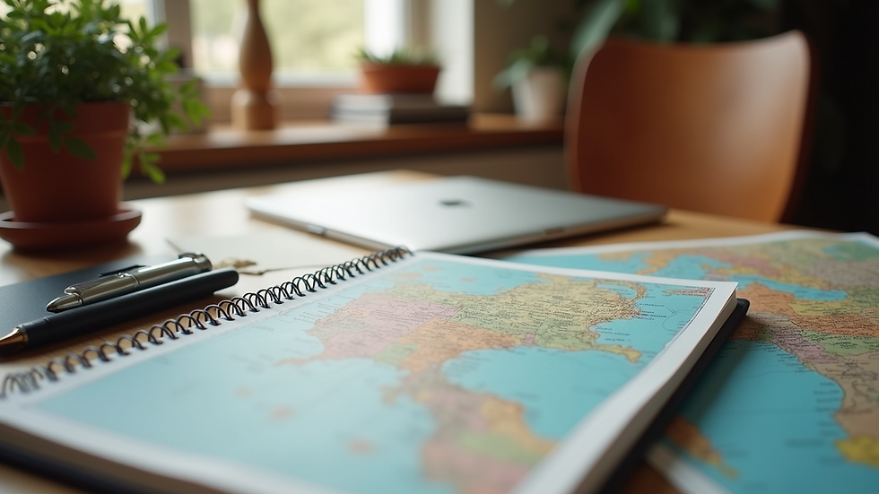 Eye-level view of a cozy travel planner’s desk with maps and a notebook
