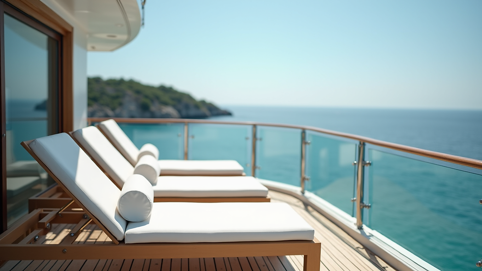 Close-up view of a luxury yacht deck with sun loungers and ocean in the background