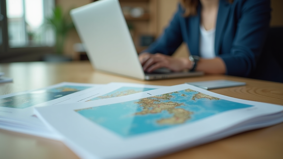 Close-up view of a travel agent’s desk with brochures and a laptop
