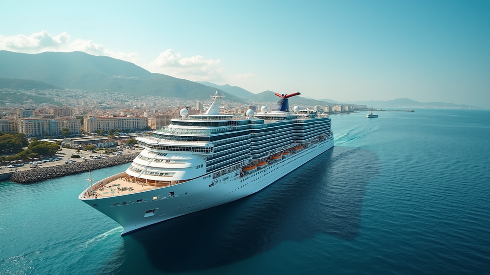 Wide angle view of a cruise ship docked at a vibrant port city