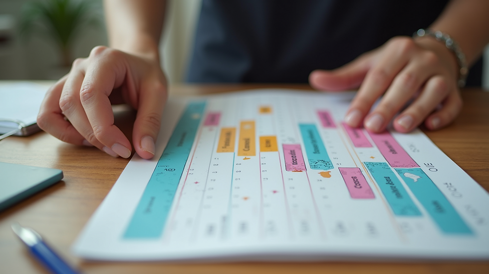 Close-up view of a travel planner’s hands arranging colorful itinerary cards on a wooden table
