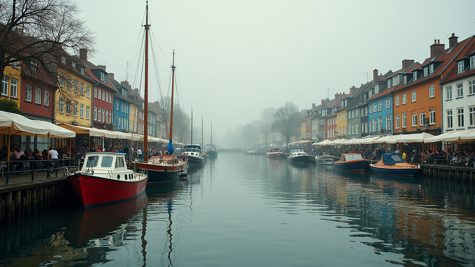Eye-level view of a cozy riverside town with boats docked along the shore