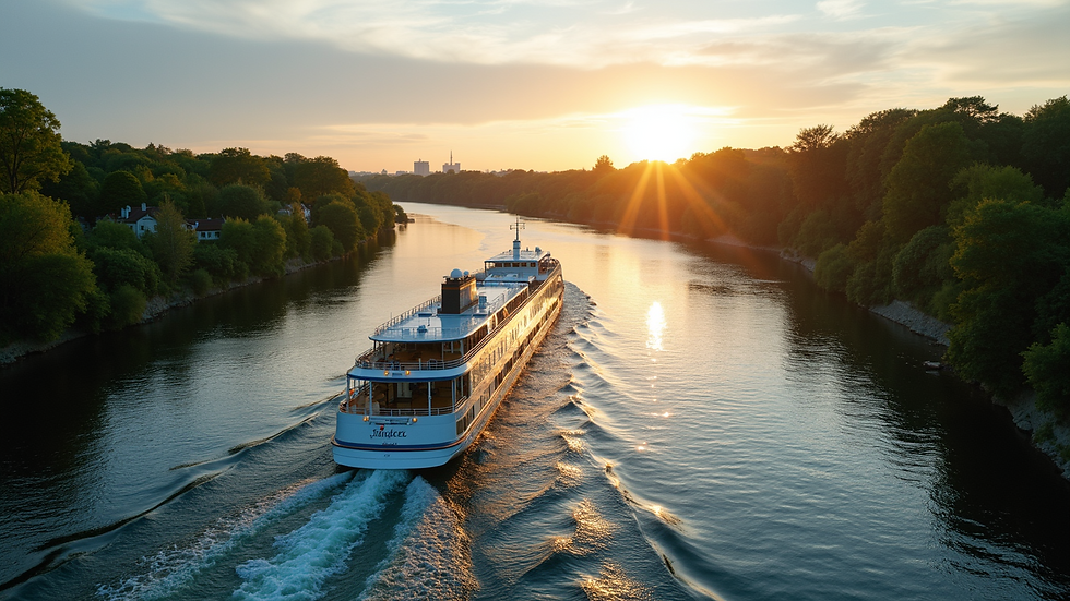 High angle view of a river cruise ship sailing through a scenic waterway