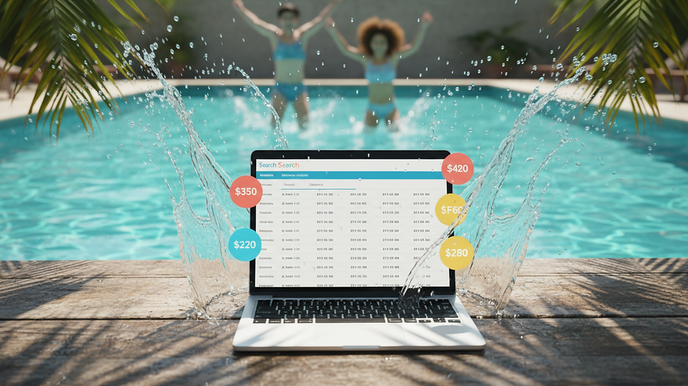 Eye-level view of a laptop screen showing flight search results with colorful price tags