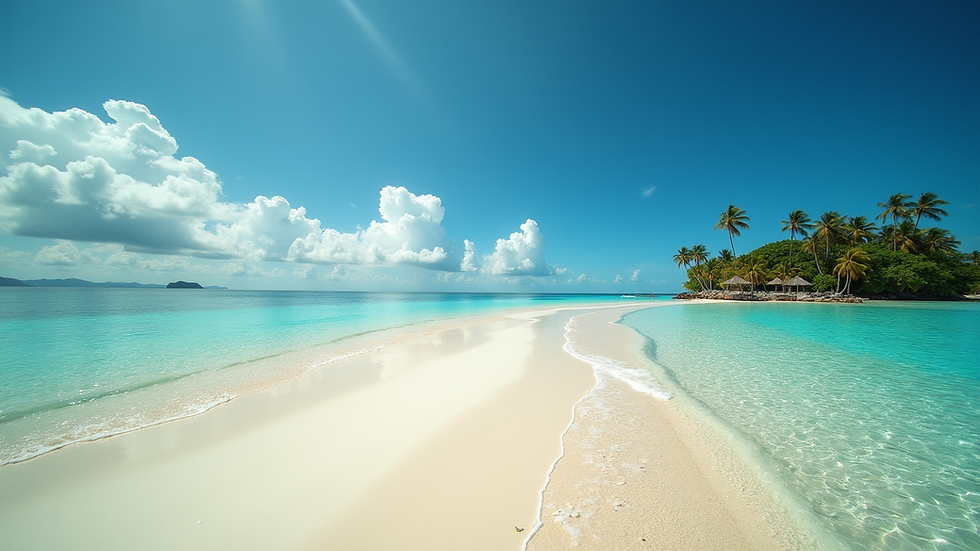 Eye-level view of a secluded tropical island beach with crystal-clear water