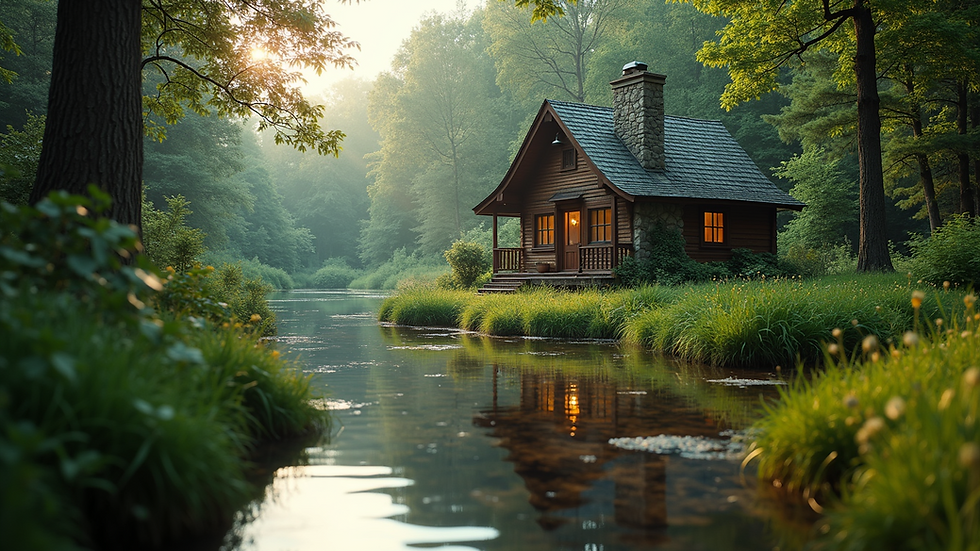 Eye-level view of a cozy riverside cabin surrounded by lush greenery