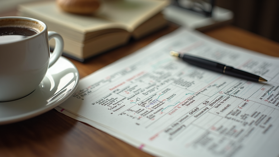 Close-up view of a travel itinerary with notes and a cup of coffee