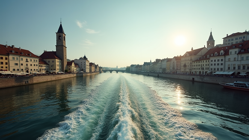 Eye-level view of a serene river cruise ship sailing past historic European towns