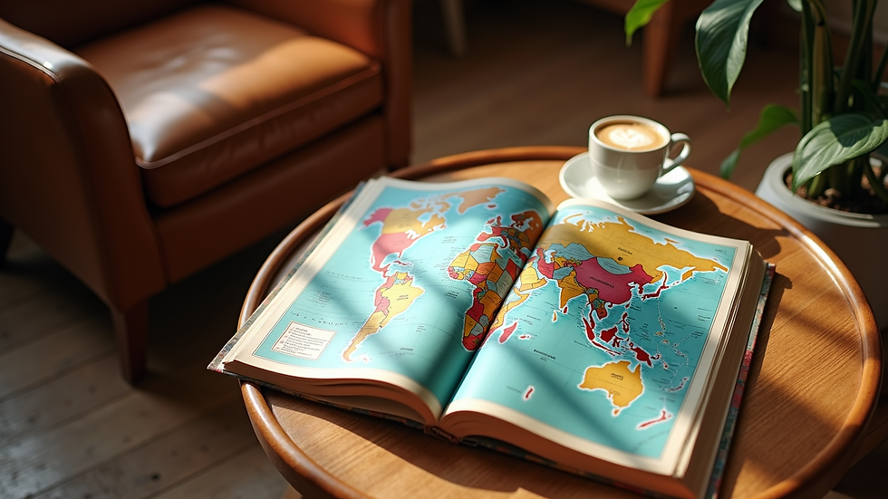 High angle view of a cozy travel lounge with a map and travel books