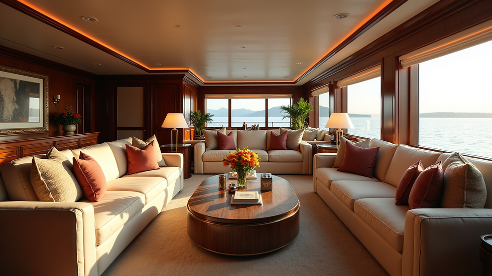 Eye-level view of a lavish yacht club lounge with plush furnishings