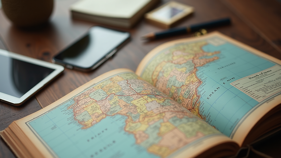 High angle view of a travel itinerary with notes and photos