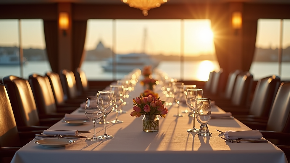Close-up view of a beautifully set dining table on a river cruise ship