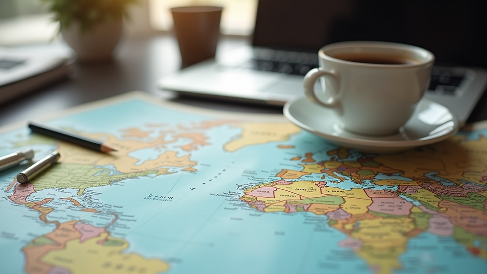 Close-up view of a travel planner’s desk with maps, a laptop, and a cup of coffee