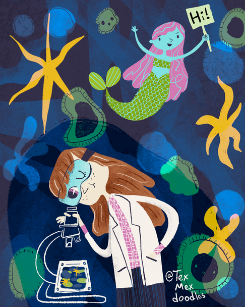 A scientist looking at a tiny mermaid through a telescope