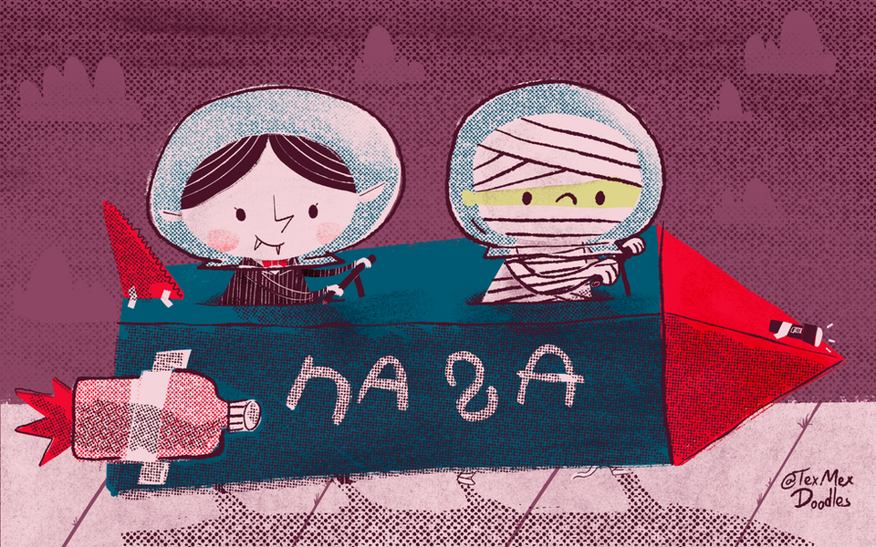 Vampire and Mummy dressed up as Astronauts for Halloween 