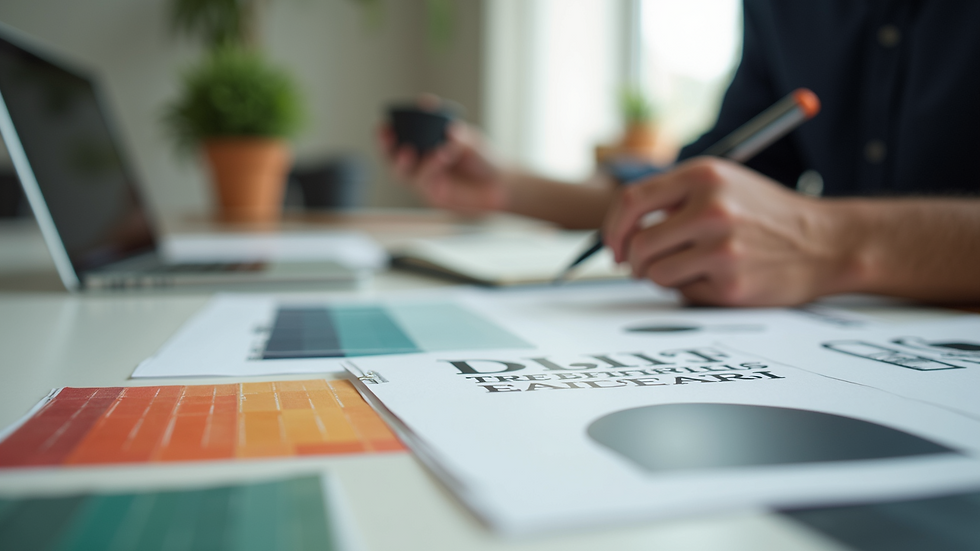 Close-up view of a designer’s desk with color swatches and typography samples