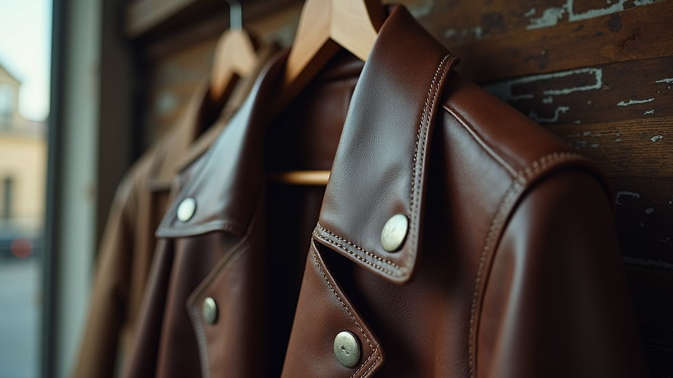 Eye-level view of a vintage leather jacket on a hanger