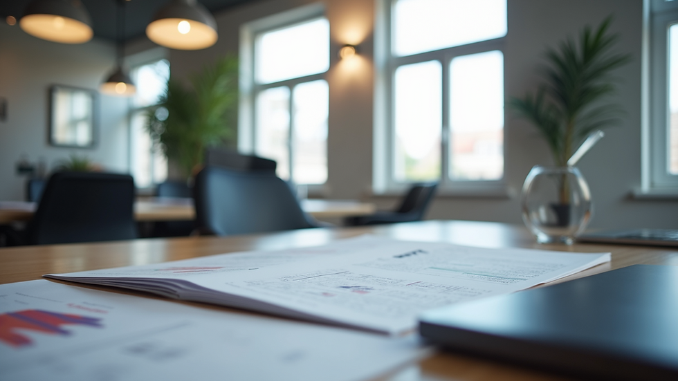 Eye-level view of a modern workspace with branding materials spread out