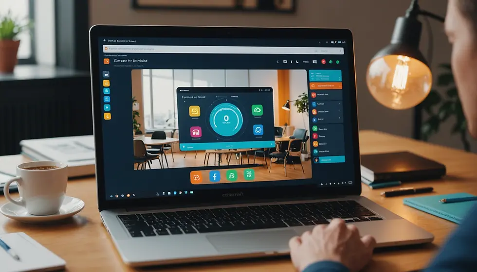 Wide angle view of an online classroom with a projector