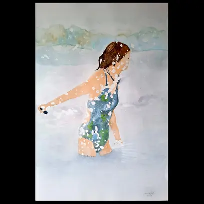 Aquarela de uma menina de vestido azul dentro da água, feita no curso de aquarela da Escola Smart Art, São Paulo