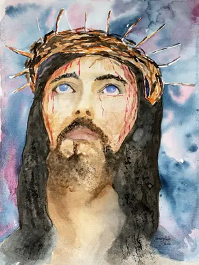 Aquarela de retrato de Jesus Cristo com coroa de espinhos, aula de aquarela presencial em São Paulo