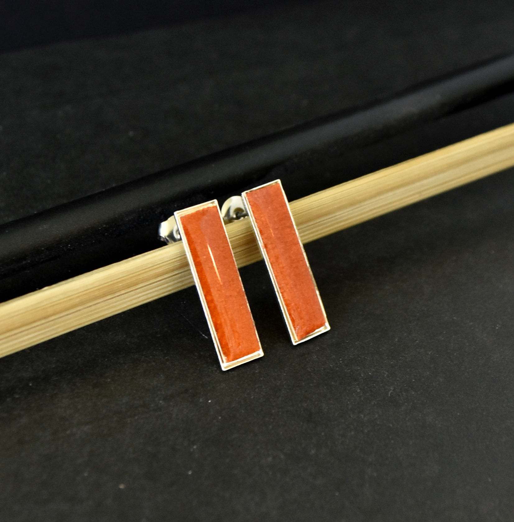 Violin Wood Silver Rectangle Earrings