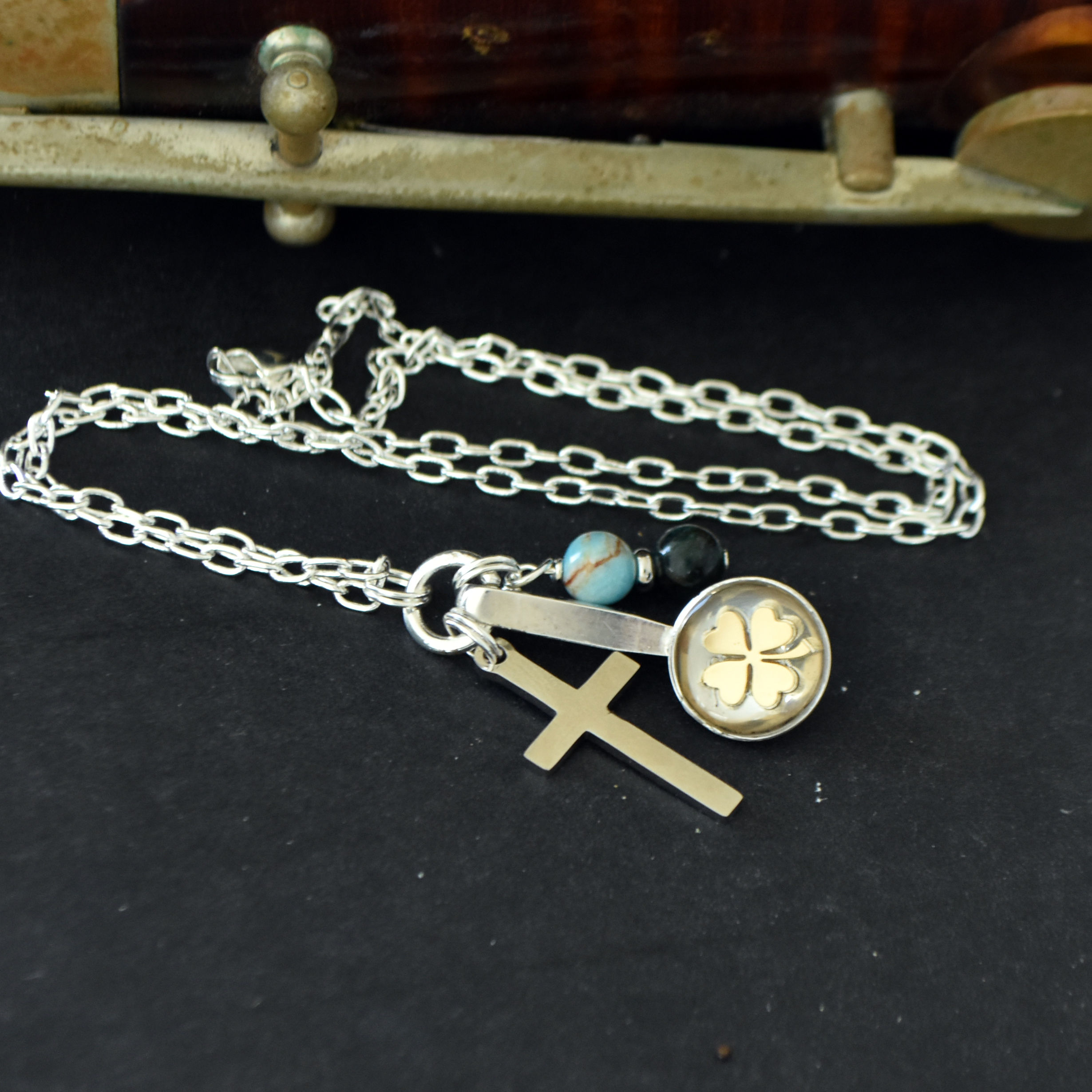 Lucky Bassoon Key Necklace with Cross & Blue Apatite