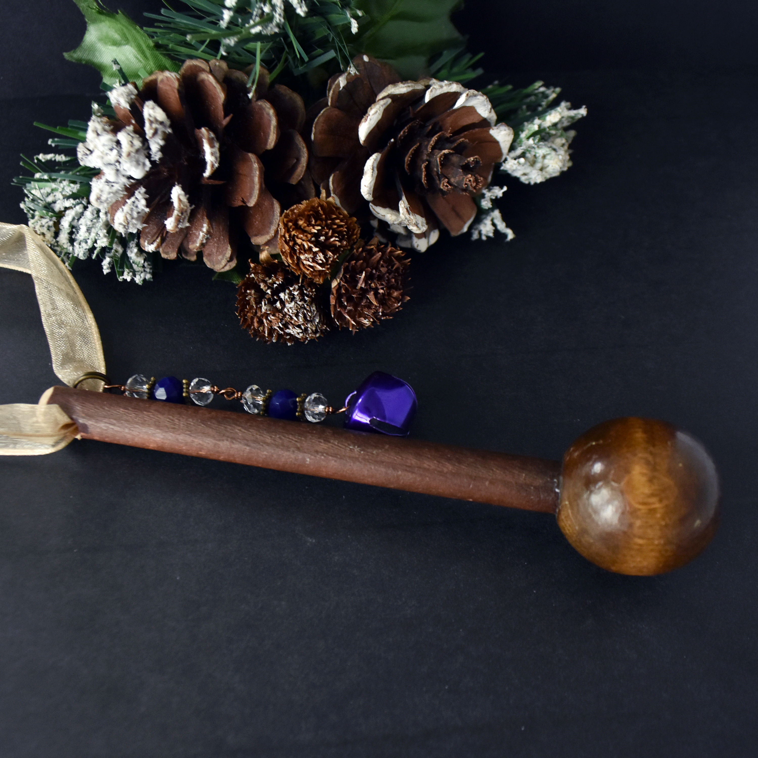 Drum Mallet Ornament with Sparkly Beads and Purple Jingle Bell