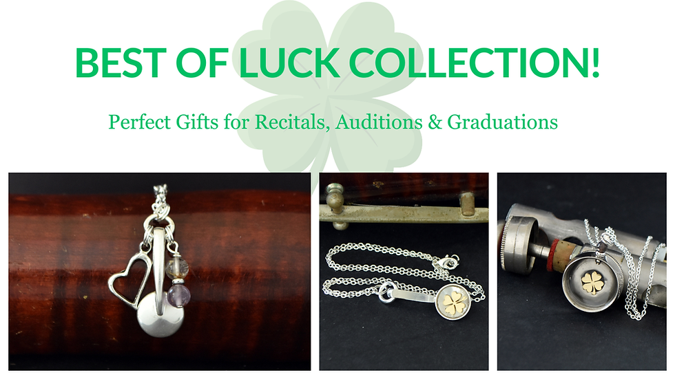 ArtisanJewelry made from retired musical instruments set with four leaf clover in back. Best of Luck Collection! Perfect Gifts for Recitals, Auditions & Graduations.
