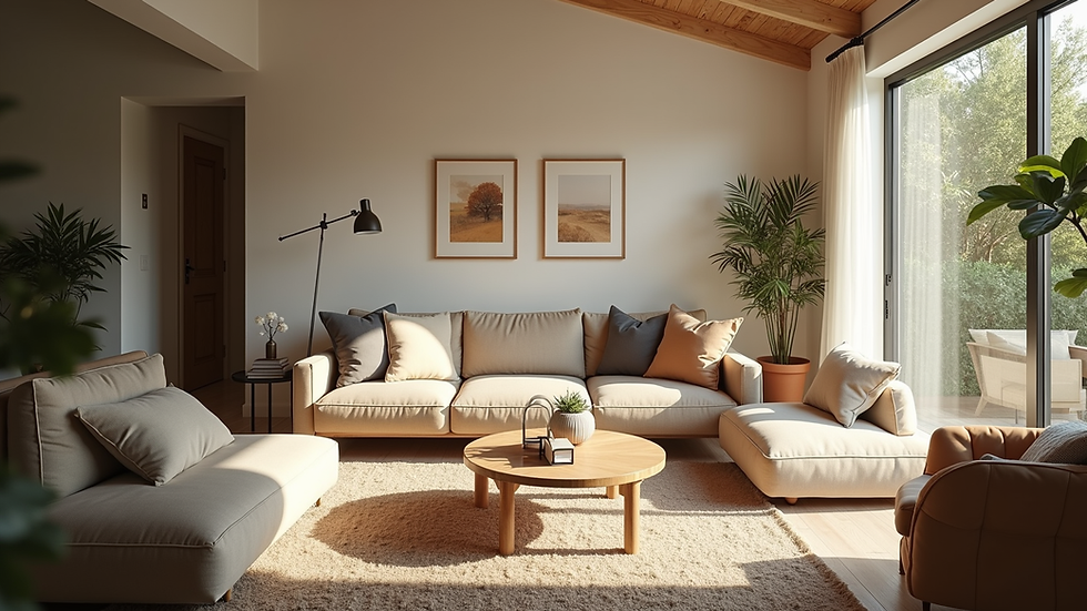 High angle view of a cozy vacation rental living room with natural light