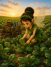 Lulu Lutein checks health of spinach plants at sunset