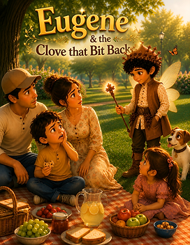 Book cover of Eugene & the Clove that Bit Back, showing Eugene Eugenol talking with a family at a picnic.