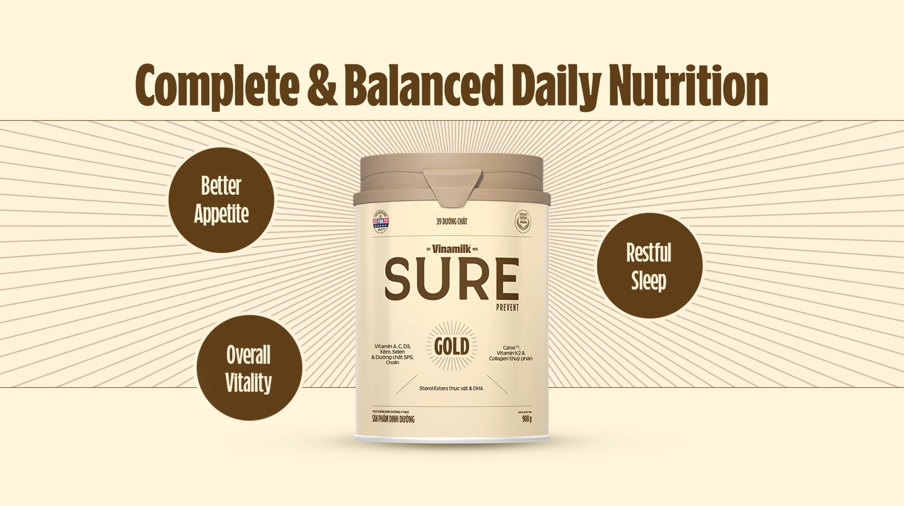 Vinamilk Sure Prevent Gold supports Vietnamese adults 45+ with tailored nutrients for healthy aging.