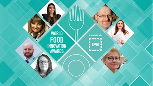 Portrait photos of 7 judges from various locations are set in a diamond shape. Background is a variety of turquoise and teal diamonds, in the centre is a big diamond logo of the World Food Innovation Awards in association with IFE