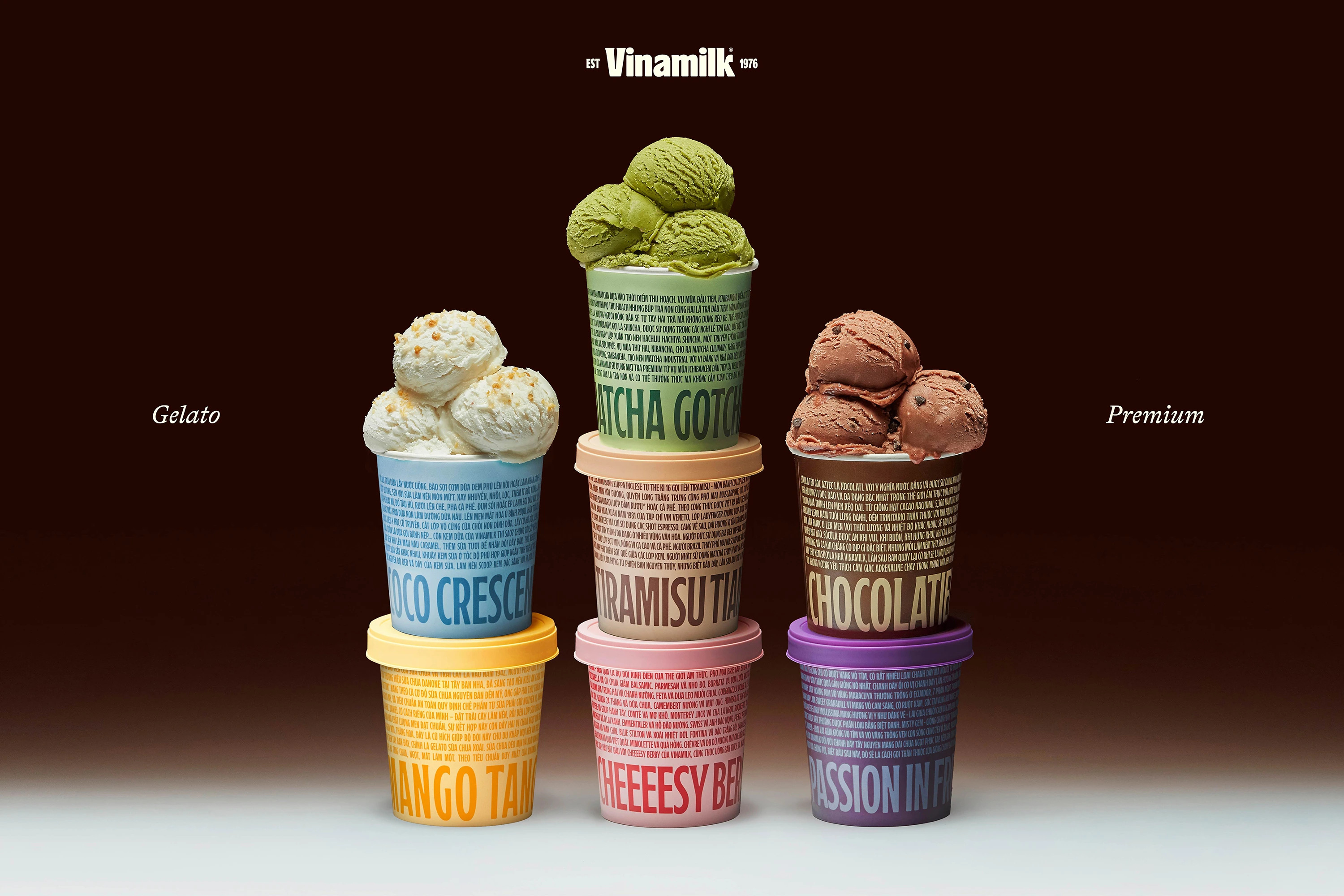 Vinamilk's gelato packaging uses a modular, typographic system for premium clarity and scalability.
