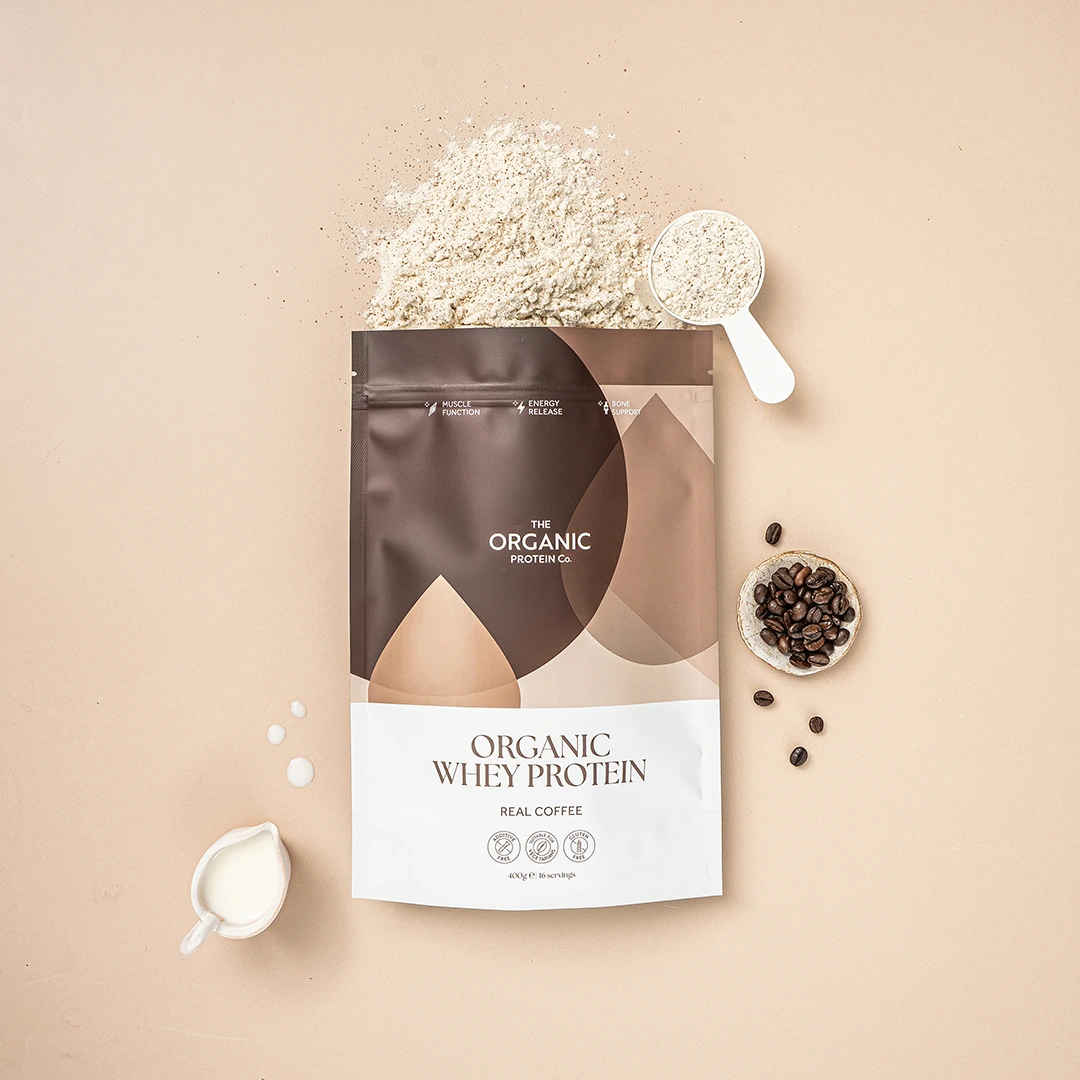 Real Coffee Organic Whey Protein combines organic whey and coffee for a pure, creamy protein drink.