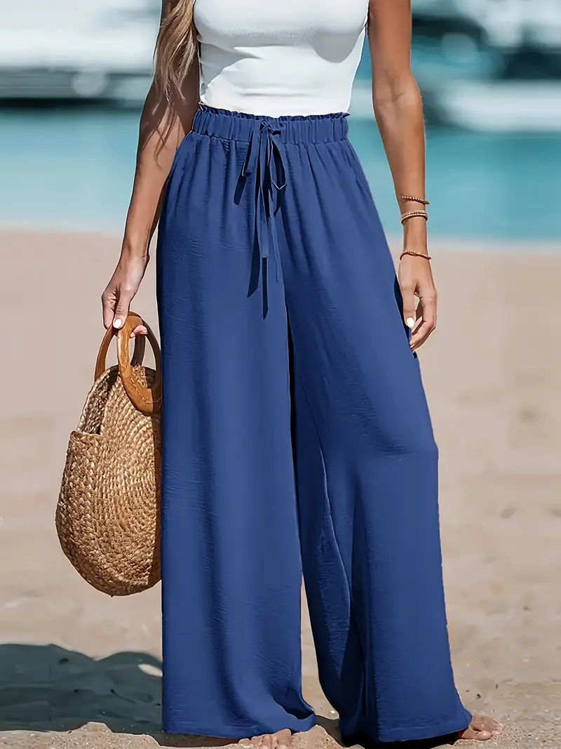 Thumbnail: Vacation Style Cotton Linen Wide Leg Pants Women's High Waist Elasto Drawstring 