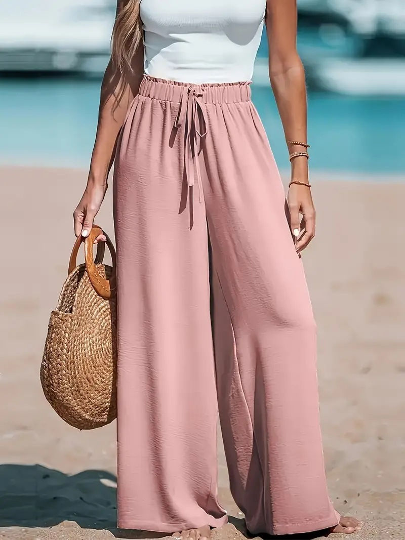 Thumbnail: Vacation Style Cotton Linen Wide Leg Pants Women's High Waist Elasto Drawstring 