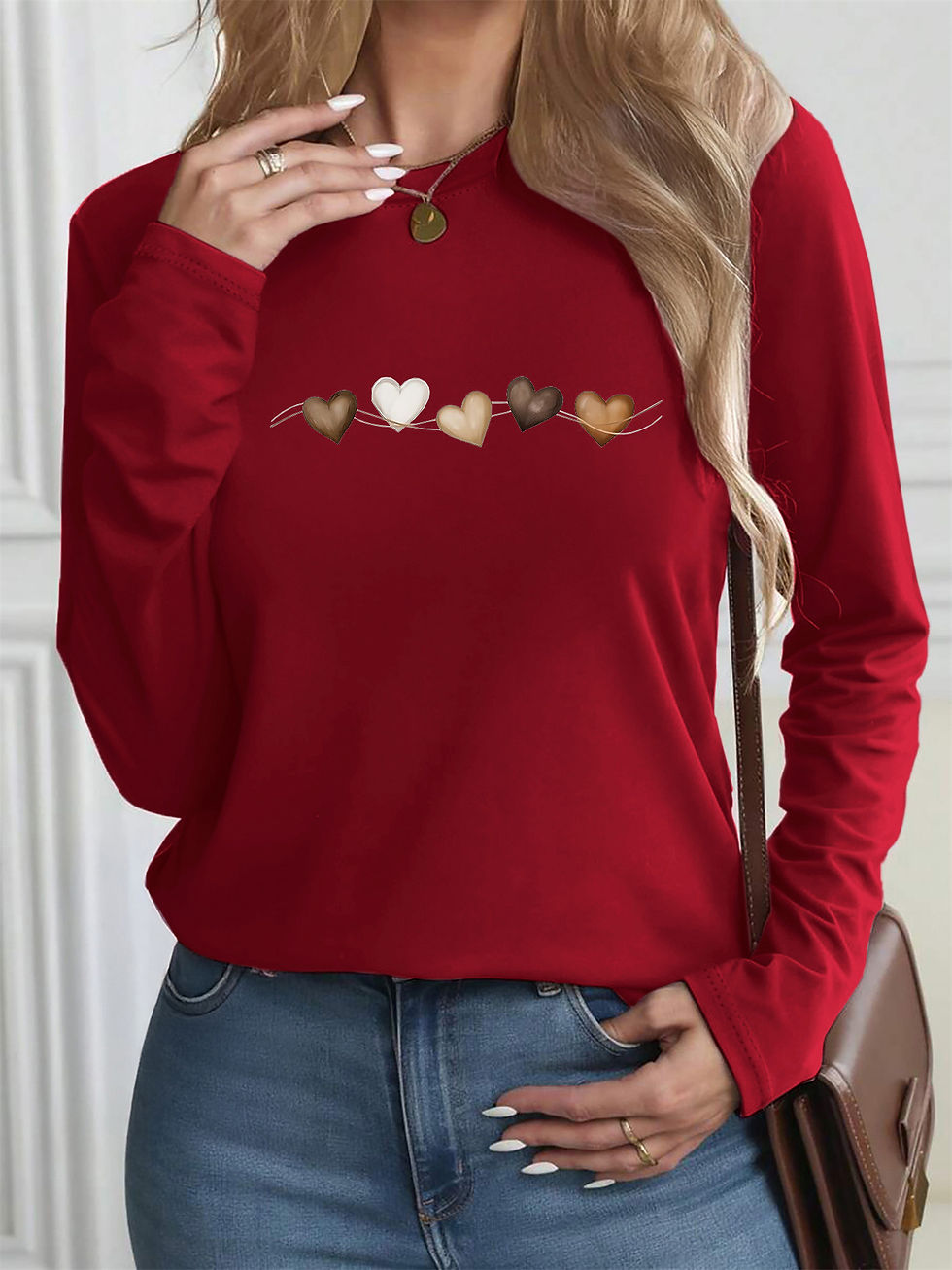 Thumbnail: Women's autumn and winter 100% pure cotton fashionable casual heart-shaped print